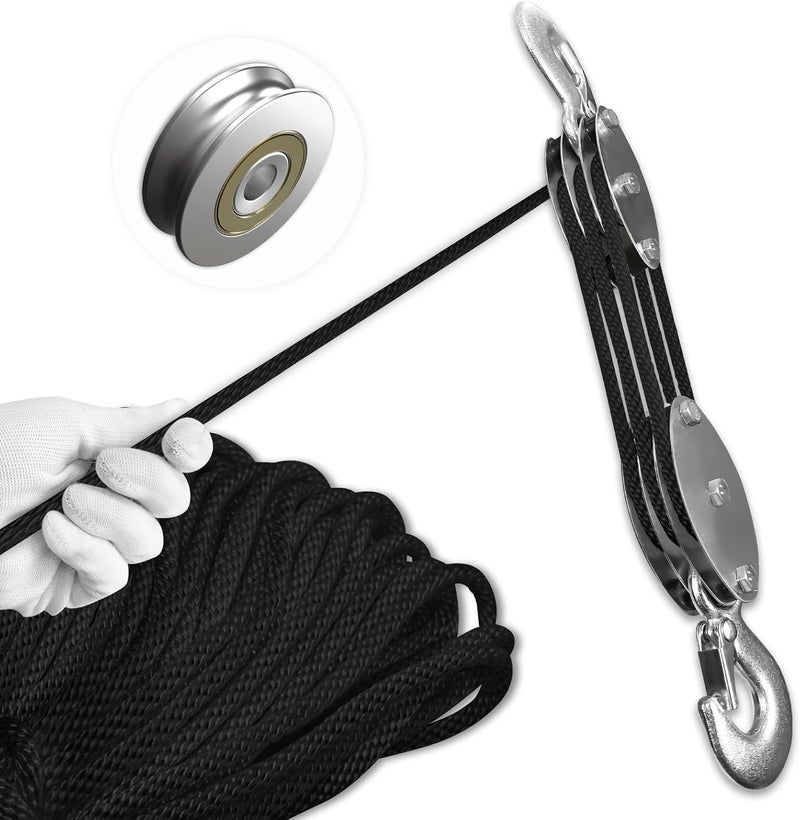 SALIFTFE Block and Tackle Pulley System, Upgraded 3-Wheel Rope Pulley Hoist, 5:1 Lifting Power, 1100LB Work Load with 55Ft of 1/4" Rope, Ultra-Compact Rope Hoist for Garage, Hunting, and Heavy Lifting - Image 1